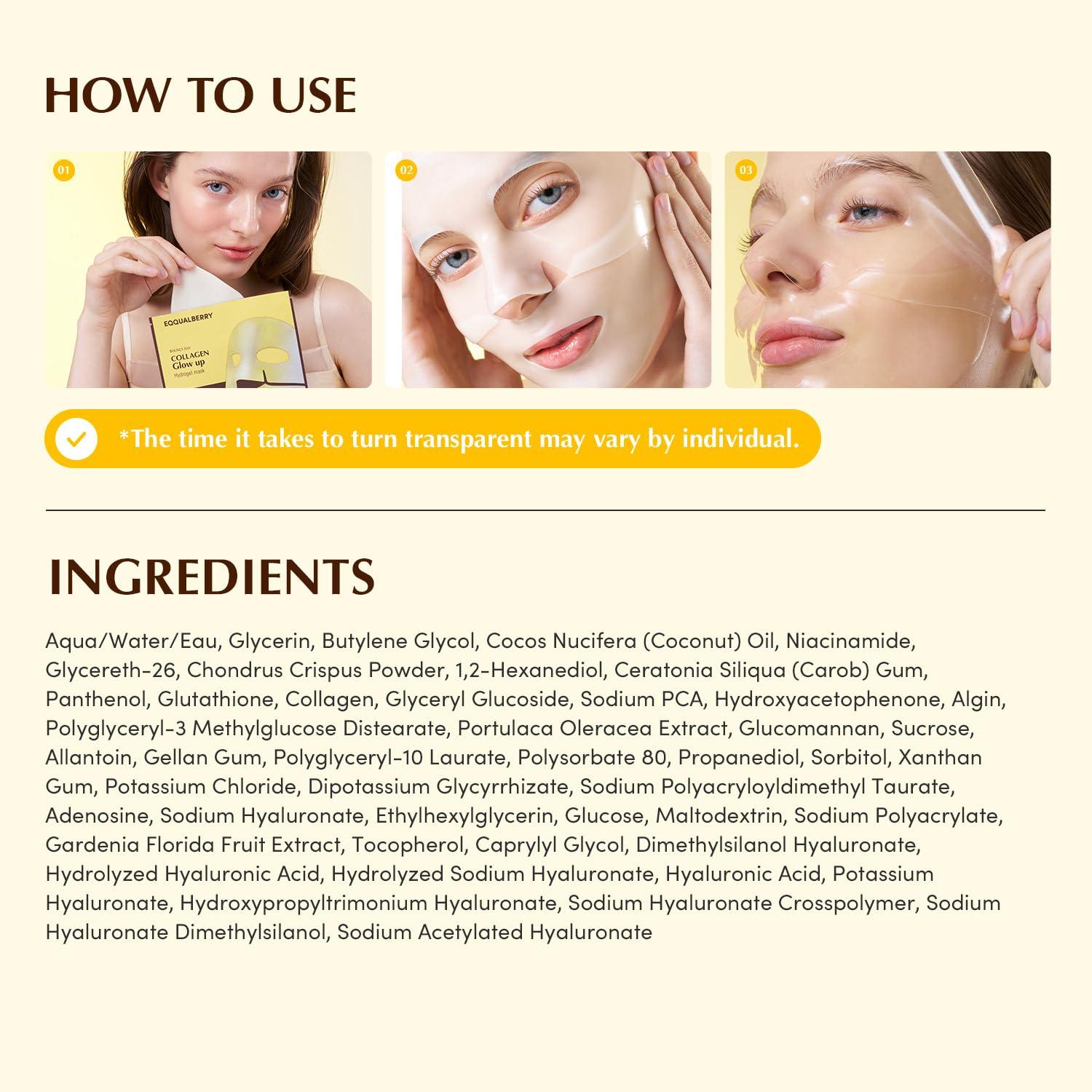 image:imageEQQUALBERRY Collagen Glow Up Mask Niacinamide amp Low Molecular Collagen for Brightening and Radiance Boosting Korean Collagen Face Mask for Glass Skin 4 Sheets 101 OZGlow Up